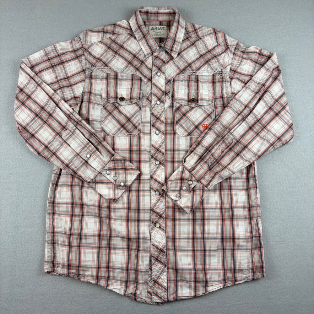 Ariat Retro Fit Men Medium Red Orange Plaid Western Yoke Pearl Snap Cotton Shirt